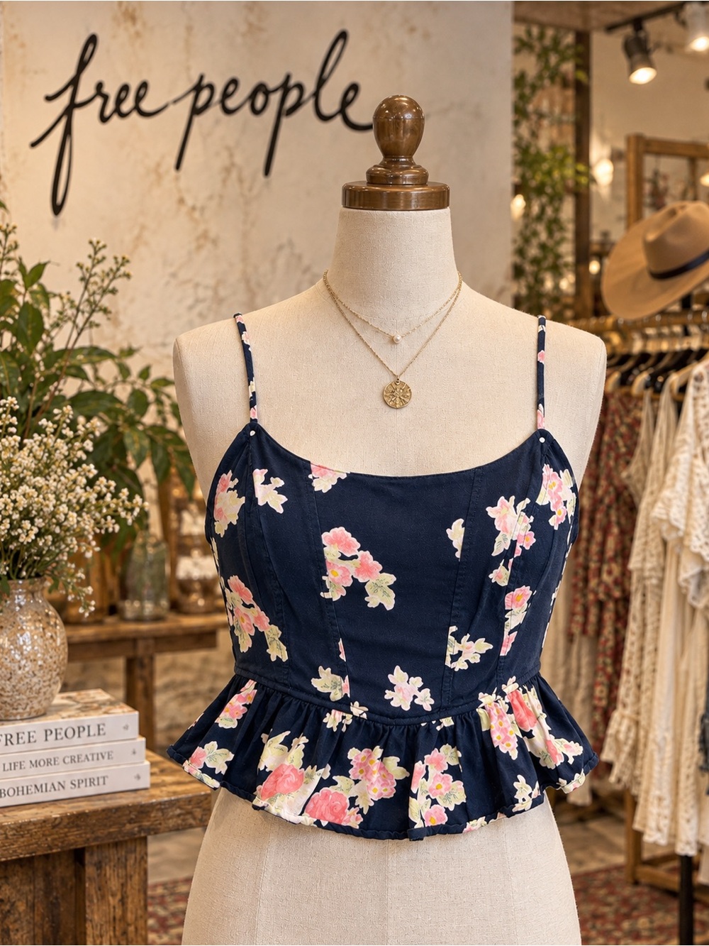 Free People Floral Corset Peplum Cami Tank Top Navy Pink Cropped Size Small